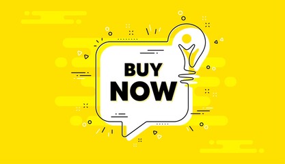 Buy Now text. Idea yellow chat bubble banner. Special offer price sign. Advertising Discounts symbol. Buy now chat message lightbulb. Idea light bulb background. Vector