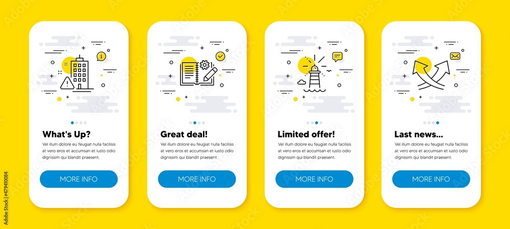 Poster vector set of engineering documentation, building warning and lighthouse line icons set. ui phone ap