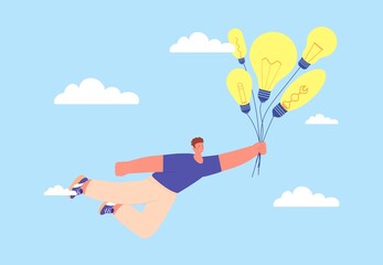 Man and ideas metaphor. Business problem solution. Dreaming person with many ideas. Creator or dreamer, guy flying on lamp bulbs balloons in sky, vector concept