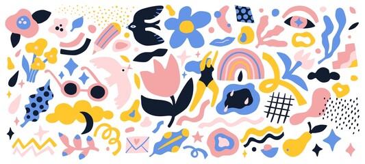 Spring abstract elements. Romantic graphic items. Feminine bikini figure. Flowers blooming objects. Grids and stripes. Naive design. Birds and sunglasses. Vector organic shapes set