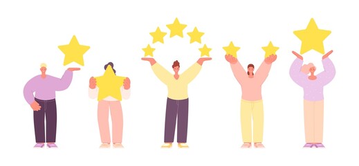 Person with stars. Rating, star in people hands. Happy customers with positive feedback. Isolated man woman success characters. Reviews vector set