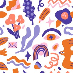 Fototapeta premium Seamless abstract pattern. Trendy creative shapes. Hand drawn random elements. Floral and bird decorative artistic card. Doodle flowers. Curve lines. Pencil and rainbow. Vector background