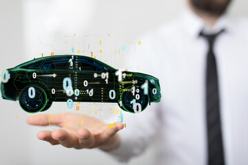 Hologram auto, futuristic polygonal model auto.