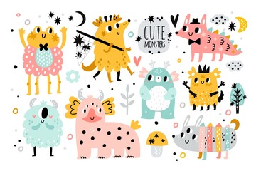 Cute little monsters. Funny cartoon characters. Fantastic kids creatures. Halloween childish party decor. Alien mascots and avatars with smile faces. Vector colorful bizarre animals set