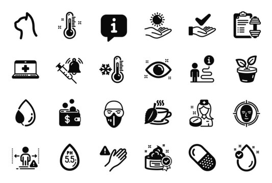 Vector Set of Healthcare icons related to Low thermometer, Mint tea and Ph neutral icons. Cream, Face detect and Leaves signs. Medical help, Leaf dew and Sun protection. Medical mask. Vector