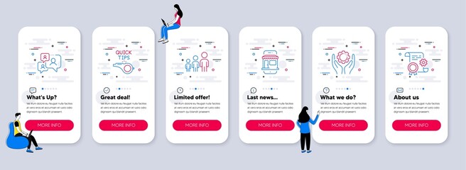 Set of Business icons, such as Tutorials, Employee hand, Marketplace icons. UI phone app screens with teamwork. Business hierarchy, Support chat, Construction document line symbols. Vector