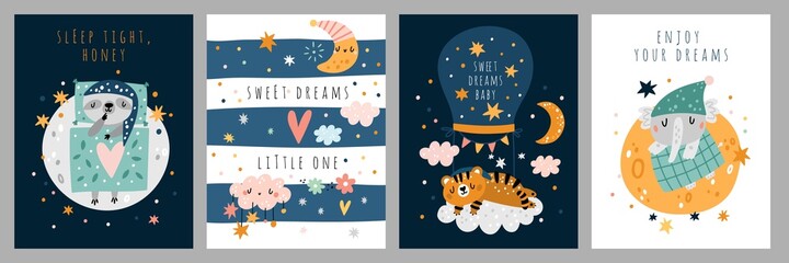 Fototapeta premium Sleeping baby animal cards. Good night banners with fauna and text. Sky childish elements. Funny characters lying in beds. Napping sloth, elephant and tiger. Vector sweet dreams posters set