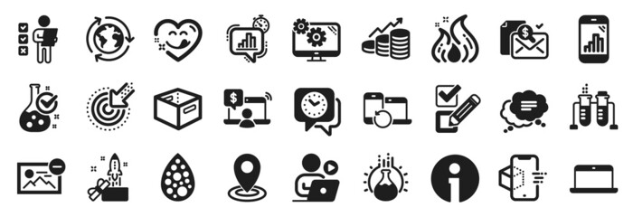 Set of Technology icons, such as Office box, Voting ballot, Fire energy icons. Settings, Artificial colors, Location signs. Chemistry beaker, Text message, Innovation. Graph phone, Clock. Vector