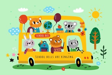 Obraz na płótnie Canvas School bus with animals. Two storey kids transport. Pupils coming to lessons. Little fires students. Funny bear or bunny. Classmates traveling by autobus. Vector vehicle with creatures set