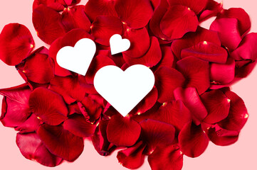 Three paper hearts on real red rose petals message valentine simple design