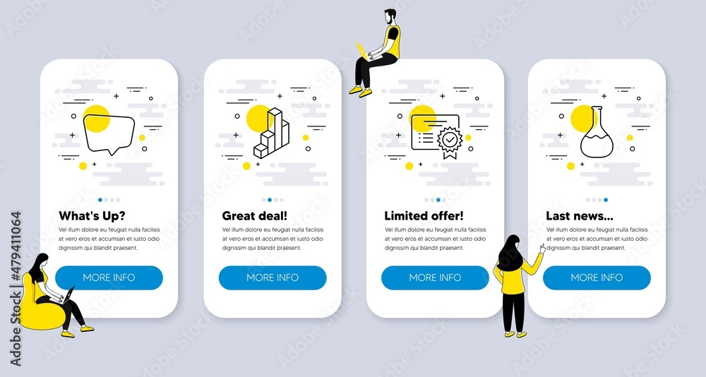 Poster vector set of education icons related to certificate, chat message and 3d chart icons. ui phone app 