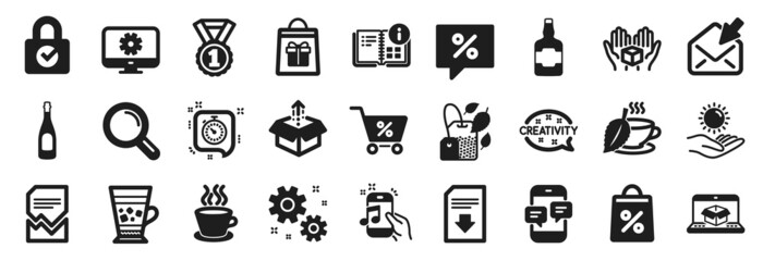 Set of simple icons, such as Special offer, Timer, Frappe icons. Champagne, Discount message, Creativity signs. Monitor settings, Phone messages, Best rank. Corrupted file, Whiskey bottle. Vector