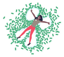 Woman making angel in money pile. Careless rich person