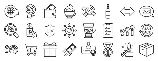 Set of line icons, such as Dating network, Frappe, Search employees icons. Fast payment, Internet shopping, Checklist signs. Gift box, Parcel, Speedometer. Customer satisfaction, Messenger. Vector