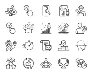 Vector set of Reject click, Winner and Timer line icons set. Remove team, Refresh like and Fireworks icons. Pet friendly, Smartphone repair and Development plan signs. Reject click web symbol. Vector