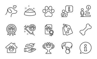 Animals icons set. Included icon as Dog feeding, Dog bone, Pet shelter signs. Pet tags, Pets care, Winner cup symbols. Lightweight, Elephant on ball line icons. Info center line icon. Vector