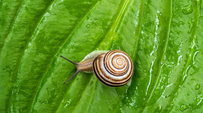 A garden banded snail creeps on a hosta leaf wet after rain. Selective focus.