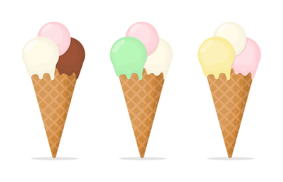 Multicolored ice cream in a cone set