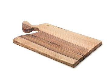 Wooden cutting board isolated on white background. Kitchen equipment for cooking.