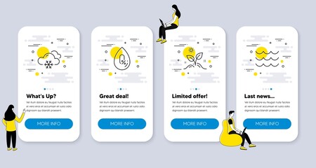 Set of Nature icons, such as Grow plant, Snow weather, No alcohol icons. UI phone app screens with people. Waves line symbols. Leaves, Snowflake, Mineral oil. Water wave. Phone UI banners. Vector