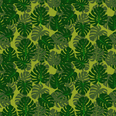 Fototapeta na wymiar Green seamless backgrounds with pink monstera leaves, vector grafic.