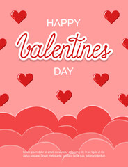 Happy Valentines Day banner. Clouds in paper cut style and glossy hearts. Hand drawn lettering sticker. 14 February celebration.