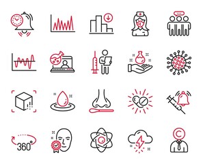 Vector Set of Science icons related to 360 degrees, Medical drugs and Vaccination announcement icons. Face verified, Augmented reality and Time management signs. Chemistry lab, Copyrighter. Vector