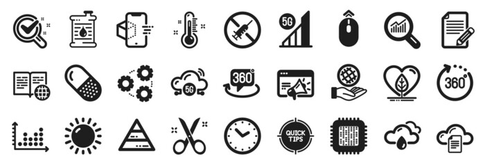 Set of Science icons, such as 5g wifi, Safe planet, No vaccine icons. Sunny weather, Capsule pill, 360 degrees signs. Local grown, Tips, 5g cloud. Augmented reality, Pyramid chart, Time. Vector