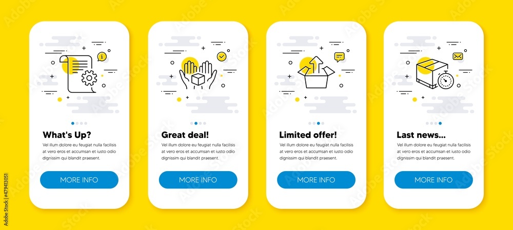 Poster vector set of technical documentation, hold box and send box line icons set. ui phone app screens wi