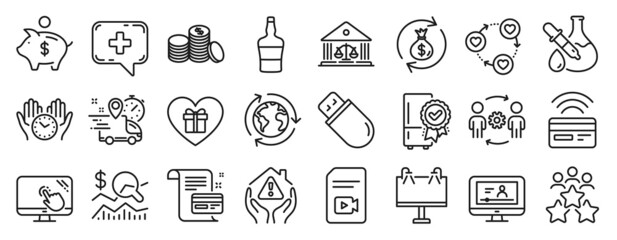Set of Business icons, such as Money exchange, Business meeting, Certified refrigerator icons. Engineering team, Usb stick, Romantic gift signs. Contactless payment, Video file, Piggy bank. Vector