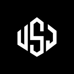 USJ letter logo design with polygon shape. USJ polygon and cube shape logo design. USJ hexagon vector logo template white and black colors. USJ monogram, business and real estate logo.