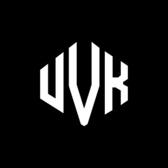 UVK letter logo design with polygon shape. UVK polygon and cube shape logo design. UVK hexagon vector logo template white and black colors. UVK monogram, business and real estate logo.