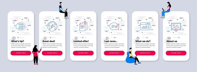 Vector Set of Business icons related to Document attachment, Electricity and Message icons. UI phone app screens with teamwork. World water, Web traffic and Start presentation line symbols. Vector