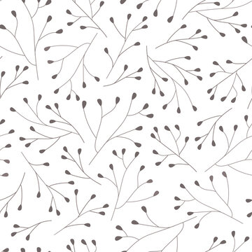 Seamless pattern of simple plants, branches with buds, leaves. Spring summer time. Abstract minimalistic botanical eco print. Vector graphics.