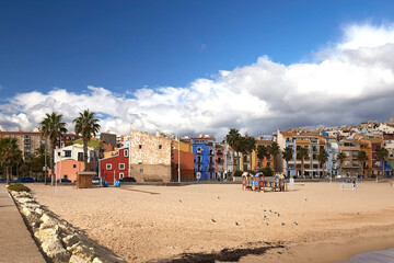 Colorful houses on the Costa Blanca in the old fishing town of Villajoyosa, view from the sea, Spain