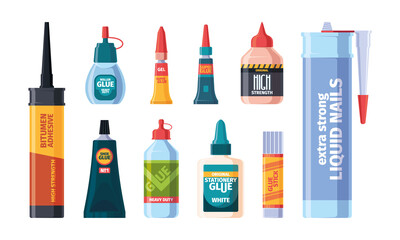 Glue containers. Plastic transparent bottles glue 3d tubes office supplies collection garish vector cartoon illustrations - obrazy, fototapety, plakaty