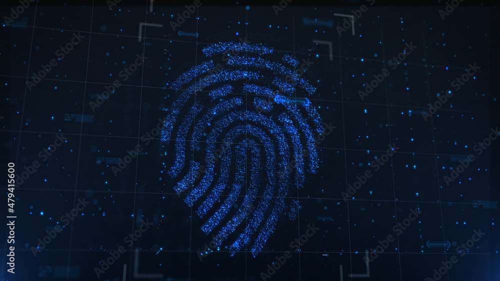 Poster 3d illustration fingerprint scan provides security access with biometrics identification. concept fi