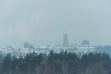 St. Sophia Cathedral in Kiev in winter snowfall. Ukraine.