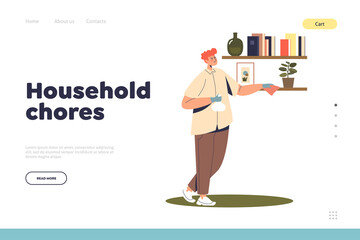 Household chores concept of landing page with man wiping dust at home. Housekeeping activities