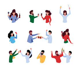 Fototapeta na wymiar People clink glasses. Friends on party celebrating together funny event with alcohol drink garish vector cartoon persons