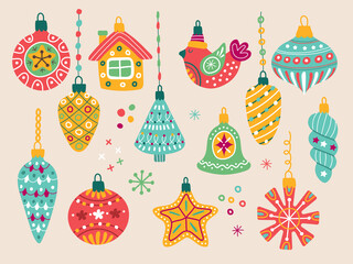 Christmas tree toys. Xmas holidays symbols bubbles snowflakes pictures for scrapbook ornament bells nutcracker recent vector doodles colored collection