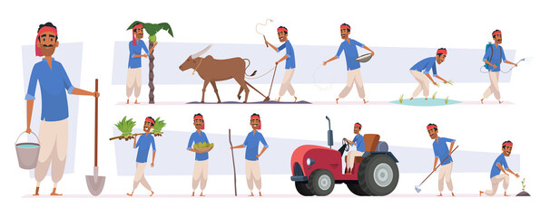 Indian farmer. Village rural character worker in nature exact vector indian people harvesting in cartoon style - obrazy, fototapety, plakaty