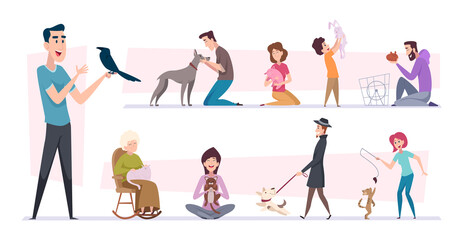 Pets owners. Dogs cats living with people funny puppy happy domestic animals playing birds fishes exact vector cartoon pictures set