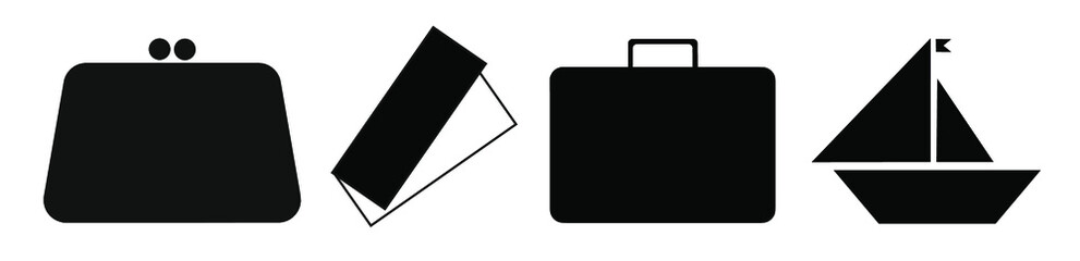 black badges travel, suitcase, wallet, boat, plane tickets