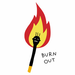 Burning match, professional burnout concept, isolated on white background. Flat cartoon vector illustration isolated on white background