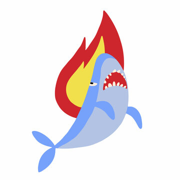 Sad shark on fire, stress concept, isolated on white background. Flat cartoon vector illustration