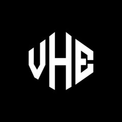 Obraz premium VHE letter logo design with polygon shape. VHE polygon and cube shape logo design. VHE hexagon vector logo template white and black colors. VHE monogram, business and real estate logo.