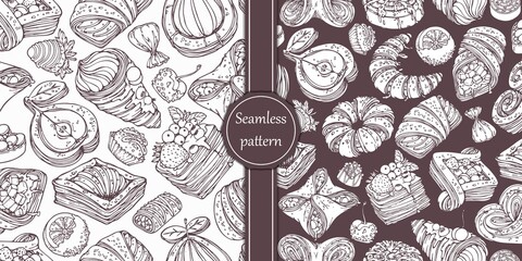 Seamless patterns with collection of sweet pastries, berries and orange in chocolate. Hand-drawn background in vintage style for menu, cards, banners, flyers, coffee house and bakery shops.