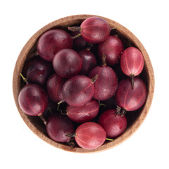 heap pf red gooseberries in wooden cup isolated on white. top view