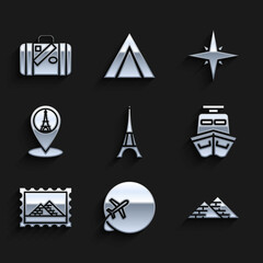 Set Eiffel tower, Globe with flying plane, Egypt pyramids, Ship, Postal stamp and, Map pointer, Wind rose and Suitcase for travel stickers icon. Vector